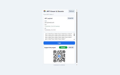 JWT Viewer & Decoder :: Finds, displays, decodes, and copies JWT tokens on the current page.