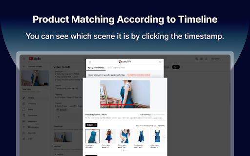 AEDI-V : Youtube AI Product Matching Solution :: ๐ฏ AEDI-V: ์ ํ๋ธ ์ผํ AI ์ ํ ๋งค์นญ ์๋ฃจ์
์ ํ๋ธ ์ผํ์ ์ํ ์๋ ์ ํ ํ๊ทธ & ํ์์คํฌํ ๋ฑ๋ก์ ํ ๋ฒ์!
AI๊ฐ ์์ ์ ์ฅ๋ฉด๊ณผ ๋ํ๋ฅผ ๋ถ์ํด ๊ด๋ จ ์ ํ์ ์๋ ์ถ์ฒํ๊ณ , ์ ํํ ํ์์คํฌํ์ ๋ง์ถฐ ํ๊ทธ๊น์ง ํจ๊ปโฆ