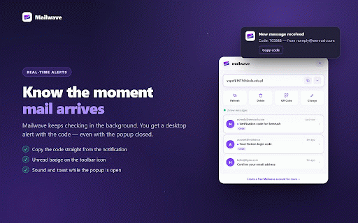 Mailwave – Temporary Email :: Generate a disposable temporary email address and get notified the instant a message arrives, right from your browser toolbar.