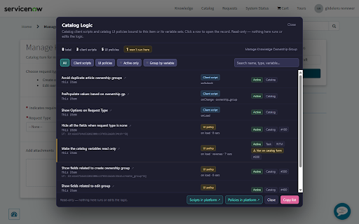 GlideLens :: A lens on ServiceNow forms, catalogs and code: code search, catalog debugging, translation inheritance, form tracing.