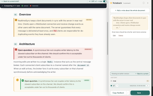 Noteback :: Give your AI feedback on the docs it writes: highlight text, attach comments, copy as Markdown or save a feedback canvas.