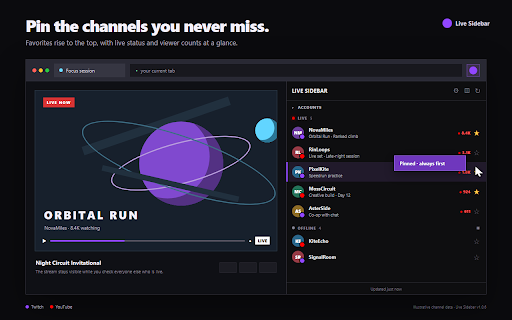 Live Sidebar - Twitch & YouTube Live Tracker :: Track Twitch & YouTube live streams in Chrome's side panel. See who's live, get notifications & pin favorites. No new tabs needed.