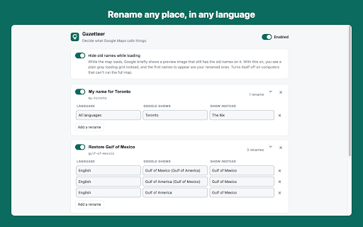 Gazetteer - Rename Google Maps places :: Decide what Google Maps calls things. Restore the Gulf of Mexico, Lake Ontario, or rename any place, on the map and in the page.