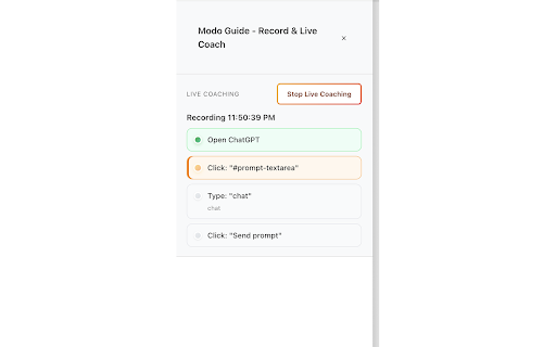 Modo - Workflow Recorder & Live Coach :: Record workflows on ChatGPT, Gemini, Google Sheets & Office Online. Replay as a Live Coach or export an Activity Log.