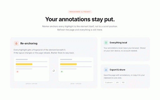 Marker - Annotate any website or PDF for free :: Notes on the web that stay where you put them. Draw, highlight and comment on any webpage — stored on-device, works offline.
