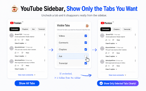 YouTube Trinity :: Check comments, chapters, and transcripts at a glance in the YouTube sidebar.