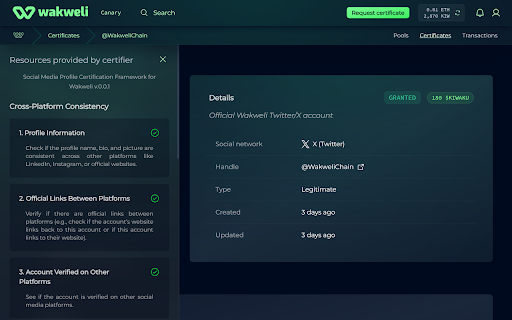 Wakweli :: Wakweli Chrome Extension: Instantly verify the authenticity of Social Media Accounts, Websites and Digital Assets