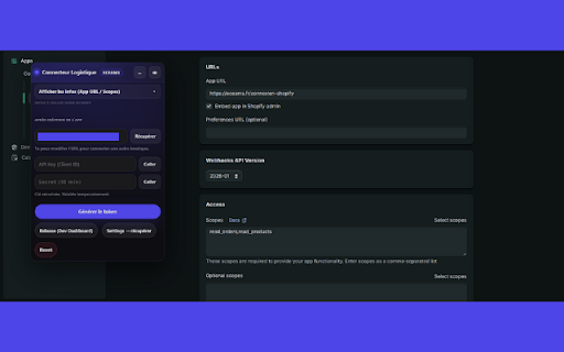 ECEAMS – Shopify Connector :: Connexion Shopify sans changer d'onglet. App URL, scopes, génération du token via ECEAMS.