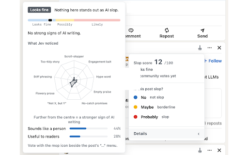 Slop Mop :: Mop the slop out of your LinkedIn feed. Folds or highlights low-value posts and shows why. Not an AI detector.