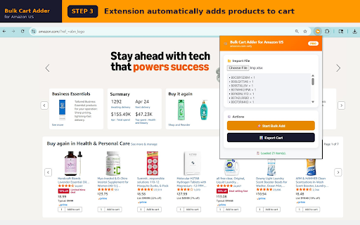 Bulk Cart Adder for Amazon US :: Bulk add products to Amazon US cart from Excel/CSV. Detects unavailable items. Exports cart report with prices & totals.