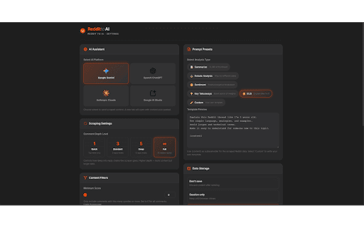 Reddit to AI :: Scrapes Reddit threads and sends content to chosen AI chatbot for analysis.