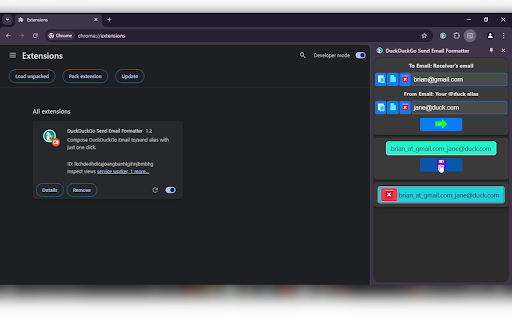 DuckDuckGo Send Email Formatter :: Generate DuckDuckGo Email special recipient address (brian_at_gmail.com_jane@duck.com) with just one click.