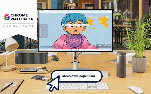 Baby Saja Kpop Demon Hunters Live Wallpaper :: Adorable blue-haired Baby Saja with tired expression wearing cute purple bib on soft background.