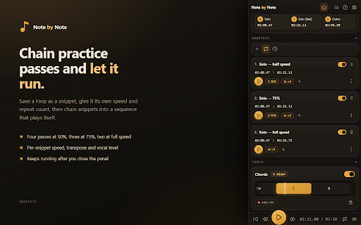 Note by Note ♪ Pitch Shifter ♯ Transpose ♭ Slow Down ⏱ Loop ⟳ Vocal Remover :: Practice music with pitch, speed, loops, and snippets on any audio or video.