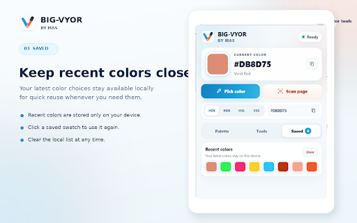 BIG-VYOR by MAS :: Pick screen colors, build palettes, check contrast, create gradients, and scan page colors in one compact tool.