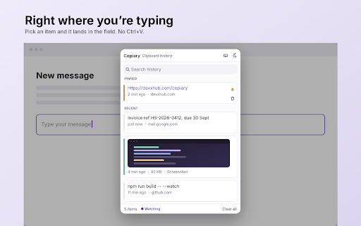 Copiary - Clipboard History :: Keeps everything you copy so you can find it again. Click an item to drop it into whatever box you're typing in.