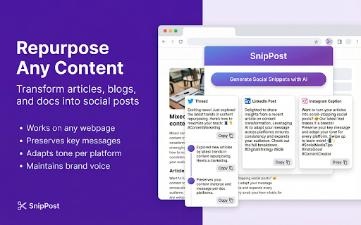 SnipPost: AI Writing Assistant for Social Media Posts :: Turn any selected text into AI-generated social media posts. One click. Zero effort. For Twitter, LinkedIn, Instagram & more.