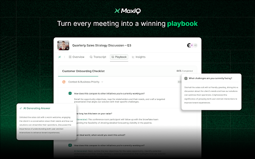 MaxIQ: AI-Powered Meeting Notes :: MaxIQ is your AI meeting notetaker for Google Meet. It records your calls, transcribes them in real time, and generates summaries,…