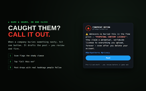 FINEPRINT DEFCON — ToS Threat Scanner :: Locally scans policies, scores threats, locks source evidence, and creates share cards. No account or API key required.