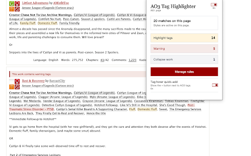 AO3 Tag Highlighter :: Mark AO3 tags, show warnings, and collapse works with your own tag rules.