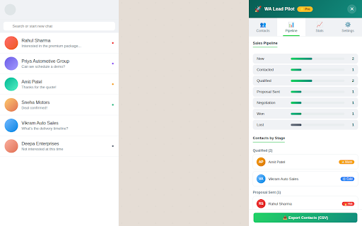 WA Lead Pilot — WhatsApp CRM & Contact Manager :: Tag, organize, and manage your WhatsApp Web contacts. Track leads, build pipelines, and export data. Free CRM overlay.