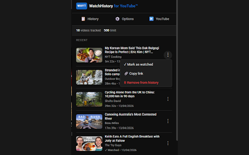 WatchHistory for YouTube™ :: Best for when YouTube watch history is off. Tracks up to 1000 videos locally and lets you resume where you left off.