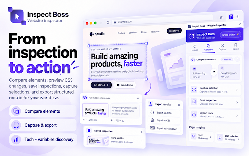 Inspect Boss - Website Inspector: CSS, Fonts, Colors, SEO & Selectors :: Inspect any live page in the Chrome side panel: CSS, colors, fonts, images, selectors, accessibility and SEO metadata.