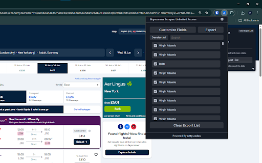 Skyscanner Scraper: Export Flights, Hotels, Details & more :: Scrape Flights, Bookings, Options, and more from Skyscanner, with options to export in formats such as CSV, Excel, JSON and others