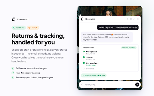 Crossword :: Crossword lets shoppers discover products, get support, and handle returns — all without leaving your website.