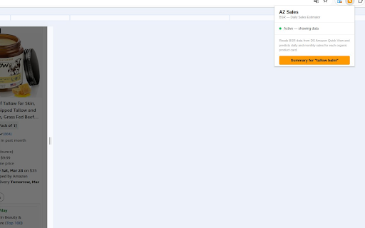 Amazon BSR Sales Estimator :: Predicts daily sales on Amazon search pages from BSR data. Includes a Summary panel with avg sales, price, ratings. Load more pages