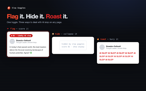 Slop Goggles — LinkedIn AI Slop Filter :: See through the AI slop on LinkedIn. Flag it with a score, hide it, or roast it — and see how much of your feed is machine-made.