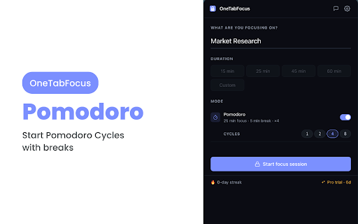 OneTabFocus — Focus Mode, Pomodoro Timer & Tab Manager for Deep Work :: Focus mode for Chrome that locks one tab and hides the rest. Real Pomodoro timer, tab manager & distraction blocker for deep work.
