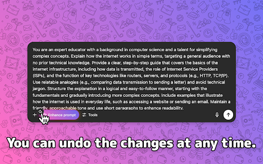 Prompt Enhancer :: AI Prompt Enhancer is a browser extension that improves and optimizes your prompts for clearer, more effective results in ChatGPT.