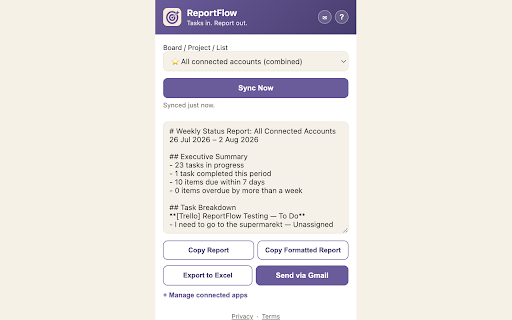 ReportFlow :: ReportFlow: tasks in, report out. Turn Trello, Asana, ClickUp & monday.com boards into client-ready status reports in one click.
