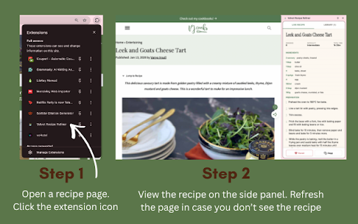 Velvet Recipe Refiner: built using plugthis.ai :: Instantly removes the clutter from recipe pages and shows a clean, easy-to-follow recipe summary in a side panel.