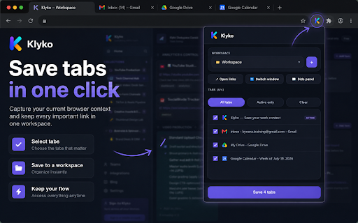 Klyko — Tab & Workspace Manager :: Save tabs, links, and project workspaces in a clean side panel. Reopen your work context faster.