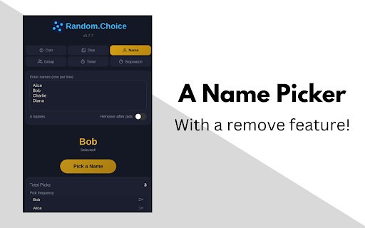 Random.Choice :: A minimalist coin flip, dice roll, name picker and group creator program all in one popup!