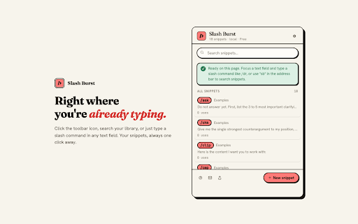 Slash Burst: AI Prompt Commands & Text Expander :: Text expander for AI prompts, snippets, templates, and canned responses. Works in normal web text fields. Your data stays local.