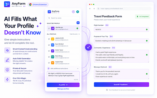 AnyForm Autofill AI (Beta) :: AI that understands forms. Save your profiles in Google Drive and auto-fill securely anywhere.