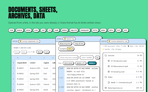 Preview files before downloading - Foretaste :: See inside documents, spreadsheets, ZIP archives and data files before downloading. Read in your browser, and nothing is uploaded.
