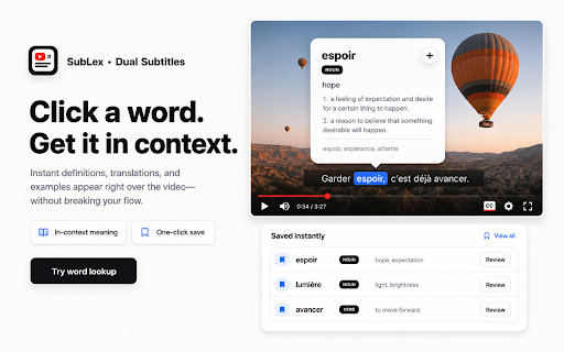 SubLex - Dual Subtitles for YouTube :: Translate YouTube subtitles, save words, and practice vocabulary cards while watching videos.