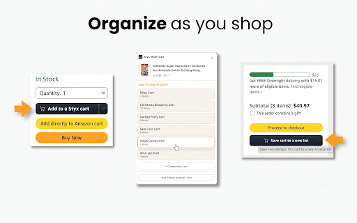 Styx Multi-Cart :: Empty your Amazon cart, save it for later, and manage multiple carts with reusable Amazon Lists.