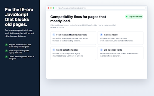 IE Compat Bridge :: Configurable JavaScript and DOM compatibility fixes for legacy business web apps in Chrome, Edge, and Chromium browsers.
