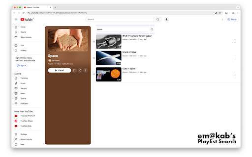 em@kab's YouTube Playlist Search :: em@kab's YouTube playlist search tool designed to be fast, intuitive, efficient, and easy on the eyes.