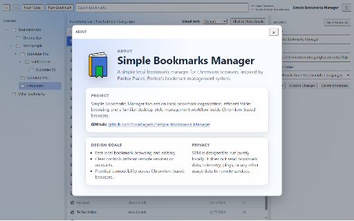Simple Bookmarks Manager :: A simple local bookmarks manager for Chromium browsers, inspired by Firefox Places, Firefox’s bookmark management system.