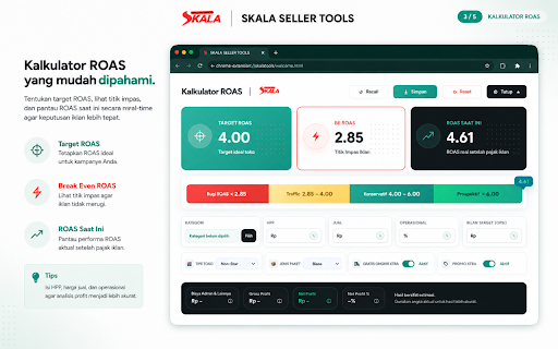 SKALA SELLER TOOLS :: SKALA SELLER TOOLS untuk hitung ROAS instan, ROAS Real inline, dan estimasi net profit per pcs.