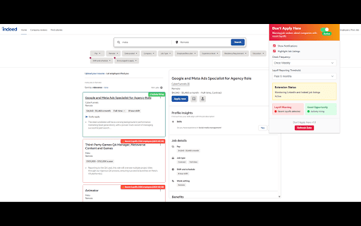Don't Apply Here :: Warns job seekers of companies with recent layoffs while browsing job sites