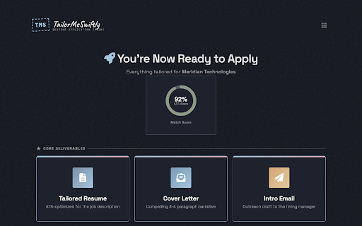 TailorMeSwiftly - Auto Job Capture :: Capture job descriptions, save to your Job Tracker, and tailor your resume — all from the browser