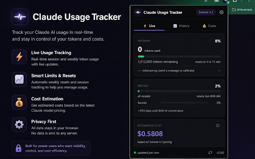 Claude Usage Tracker :: Real-time Claude.ai usage tracking — session limits, weekly caps, cost estimates, burn rate predictions & smart alerts.