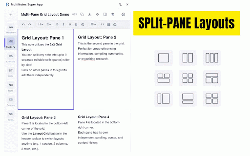 MultiNotes Super App :: A rich text multi-note sidepanel. Bold, italic, tables, checklists, code blocks, highlights & more. Fully Offline. Zero cloud.